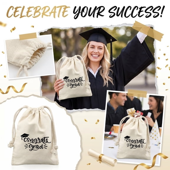 Congrats Grad Canvas Drawstring Bag - 5.5" x 3.9" Graduation Party Favor Pouch for Gift Cards, Diploma & Treats - Class of 2026 Commencement Souvenir