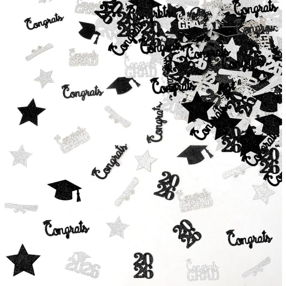 Congrats Grad Confetti Black and Silver Graduation Table Decorations, 200Pcs Class of 2026 Silver Graduation Cap Glitter Paper, Centerpiece Table Decorations Grad Glitter Confetti Party Supplies