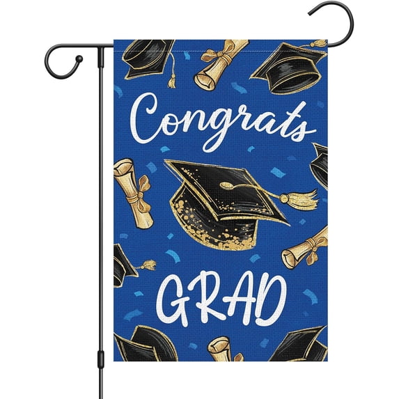 Congrats Grad Garden Flag Class Of 2024 Double Sided, Diploma Cap Graduation Ceremony Flag for Party Yard Outdoor Decoration