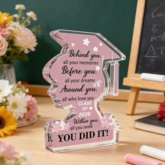 Congrats Grad Gift Sign Pink Girl Head Shape Acrylic Plaque for Home Office Tabletop Shelf Decor Inspirational Gift for Graduate