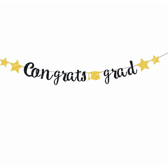 Congrats Grad Glitter Banner, Black and Gold, Graduation Party Decoration with Stars