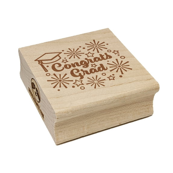 Congrats Grad Graduate Graduation Cap Fireworks Stars Square Rubber Stamp Stamping Scrapbooking Crafting - Small 1.25in