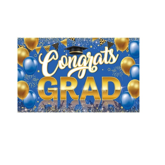 Congrats Grad Graduation Banner, Blue Gold Balloons Confetti Design Grad Cap Element, for School Grad Party Indoor Gathering Outdoor Yard Decoration Backdrop