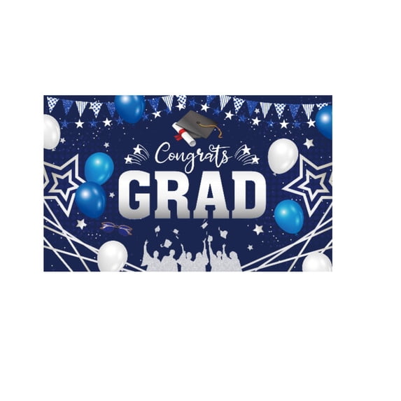 Congrats Grad Graduation Banner, Congrats Grad Design with Balloons Stars & Cap, for Grad Party Decorations Indoor Gathering Backyard Display