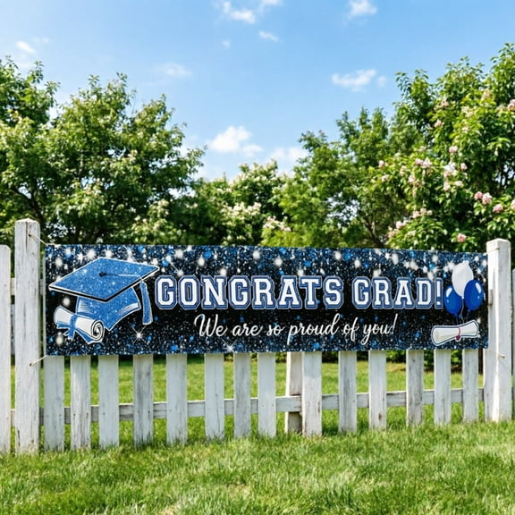 Congrats Grad Graduation Banner Large Blue Graduation Party Backdrop For Graduation Party Outdoor Yard Decor Use