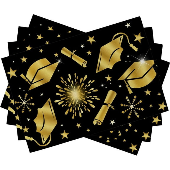 Congrats Grad Graduation Cap Diploma Placemats Set of 4, Class of 2024 Black Gold Fireworks Stars Dining Table Place Mats, Graduate Party Holiday Kitchen Decor Home Decoration 12 x 18 Inch