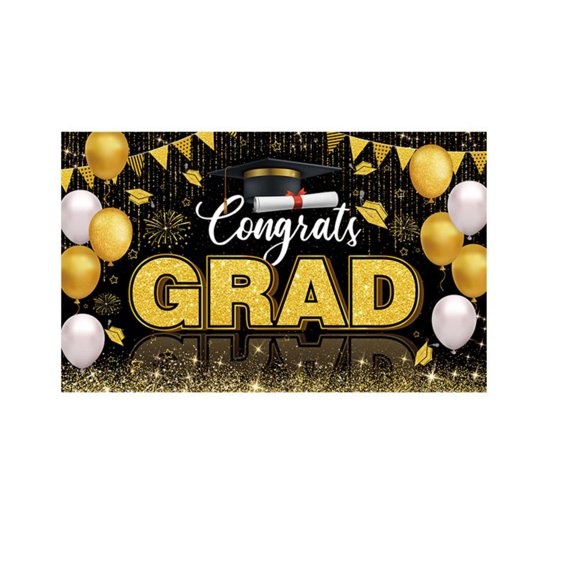 Congrats Grad Graduation Party Banner - Black Gold Glitter Congrats Grad Decor with Balloon Cap Design - For College High School Graduation, Indoor Outdoor Party, Backdrop Decoration
