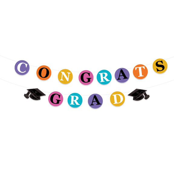 Congrats Grad Graduation Party Banner, Colorful Round Letter Pennant, Multicolor