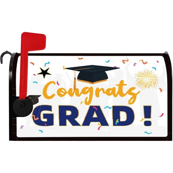 Congrats Grad Mailbox Cover Trencher Cap Confetti Fireworks Graduation Magnetic Mailbox Covers Graduation Post Letter Box Cover Wraps Garden Courtyard Home Outdoor Standard Size 21x18 Inch