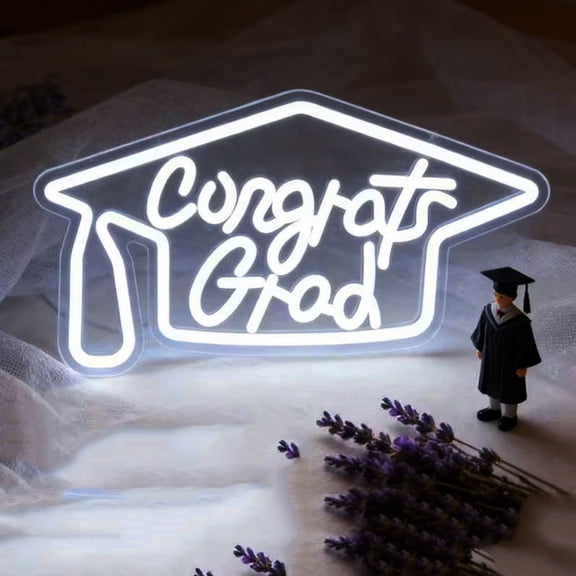 Congrats Grad Neon Sign with Graduation Cap,16*8.6In Warm White Grad Light Up Led Sign for Class of 2026 Graduation Party Decorations Prom Celebration Gifts Kindergarten High School College Wall Deco