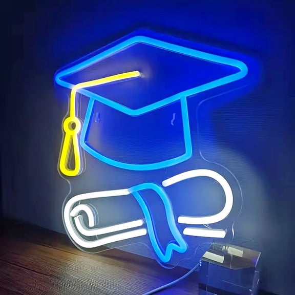 Congrats Grad Neon Sign with Graduation Cap, Blue White Grad Light Up Led Sign for Class of 2026 Graduation Party Decorations Prom Celebration Gifts Kindergarten High School College Wall Deco