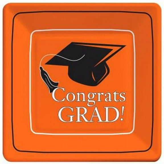 Congrats Grad Orange 9-inch Square Paper Plates 18 Per Pack