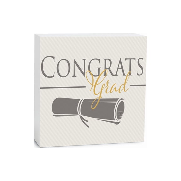 Congrats Grad Parchment Stripe Diploma 5 x 5 Wood Tabletop Sign Plaque