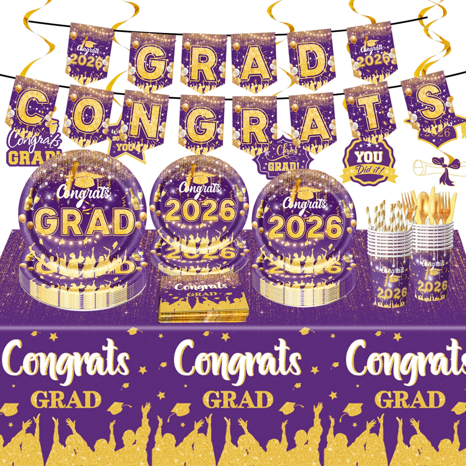 Congrats Grad Party Decorations, Purple Gold Graduation Supplies ...