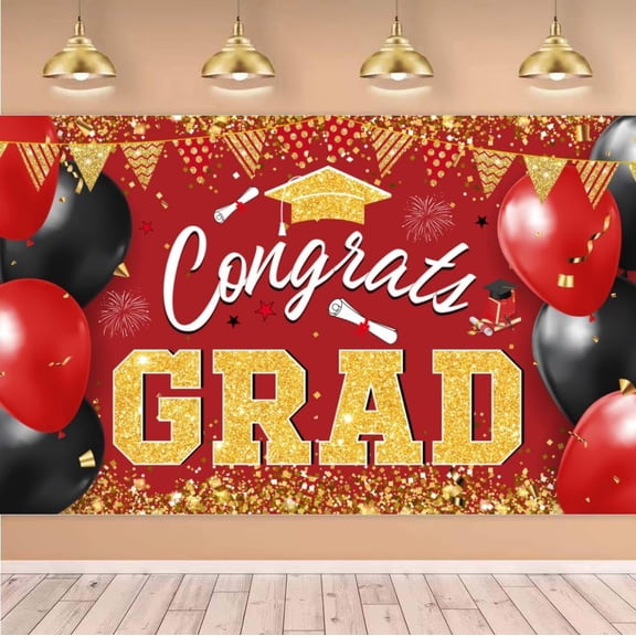 Congrats Grad Photography Backdrop,Background Congratulations Class of 2025 Graduation Party Decorations Photo Booth Props,(Red Gold)