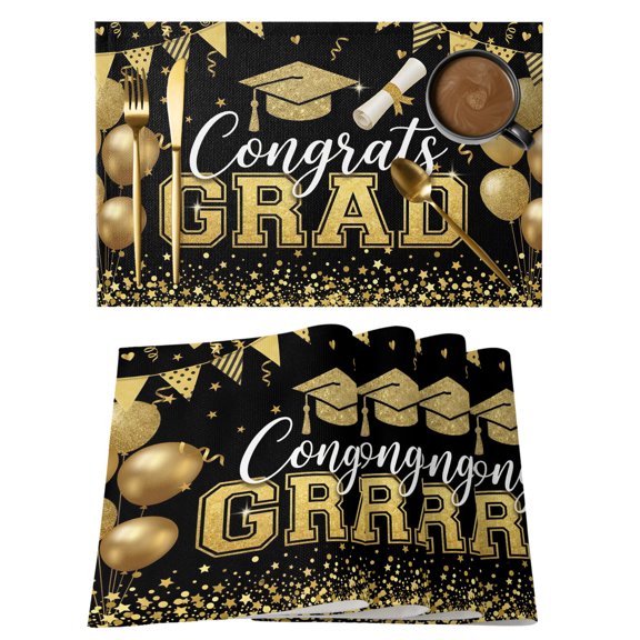 Congrats Grad Placemats Set of 2 Congratulations Golden Graduation Cap Balloons Place Mats Indoor Wipeable Table Mats Washable Cloth Dining Table Placemats for Kitchen Holiday Party Decor 13x19 Inch