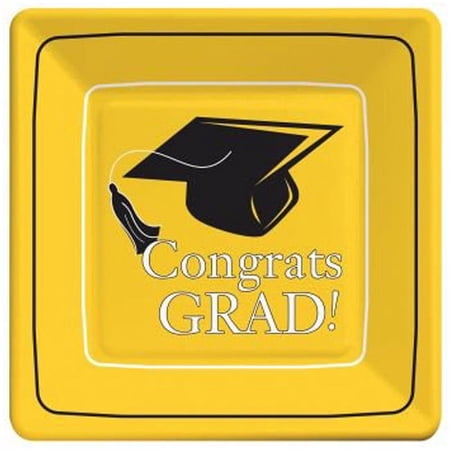 Congrats Grad School Bus Yellow 9-inch Square Paper Plates 18 Per Pack