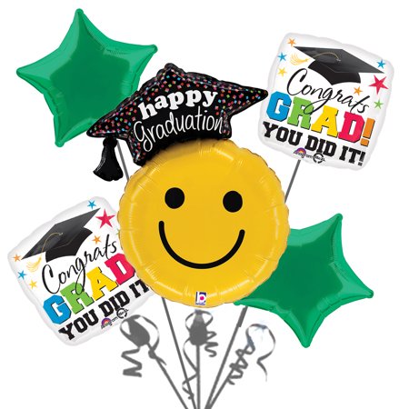 Congrats Grad Smile Face Emoticon Bouquet 5pc Graduation Balloons, Green