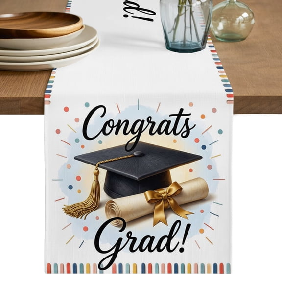 Congrats Grad Table Runner 36 Inches Long,Graduation Hat Colored Confetti Celebration Cotton Linen Table Runners Dresser Scarves,Fabric Tabletop Scarf Furniture Cover for Home Dinner Party 13"x36"
