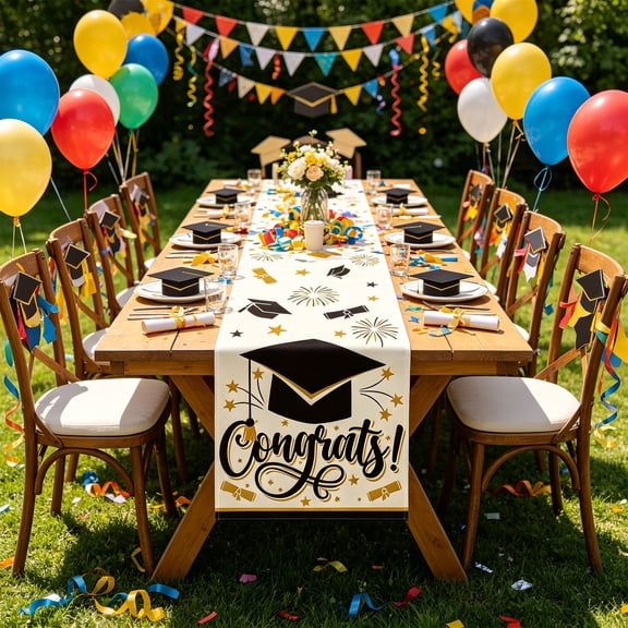 Congrats Grad Table Runner Class of 2026 Glitter Gold Black, 33x120 Inch Disposable Plastic Graduation Party Decor
