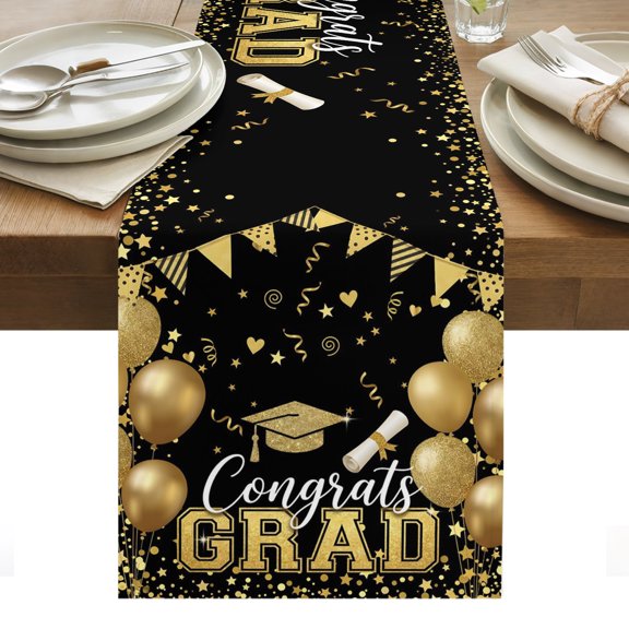 Congrats Grad Table Runner Congratulations Golden Graduation Cap Balloons Tablerunners 13 x 36 Inch, Table Decorations Tabletop Scarf for Summer Gathering Holiday Farmhouse Kitchen Dining Decor