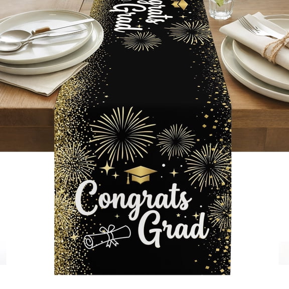 Congrats Grad Table Runner Graduation Hat Golden Sparkle Dots Firework Tablerunners 13 x 36 Inch, Table Decorations Tabletop Scarf for Summer Gathering Holiday Farmhouse Kitchen Dining Decor