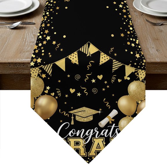 Congrats Grad Table Runner Linen Burlap Table Runner 36 Inches Small Congratulations Golden Graduation Cap Balloons Dresser Scarves for Kitchen Island Coffee Dining Room Party Holiday Decor 13"x36"