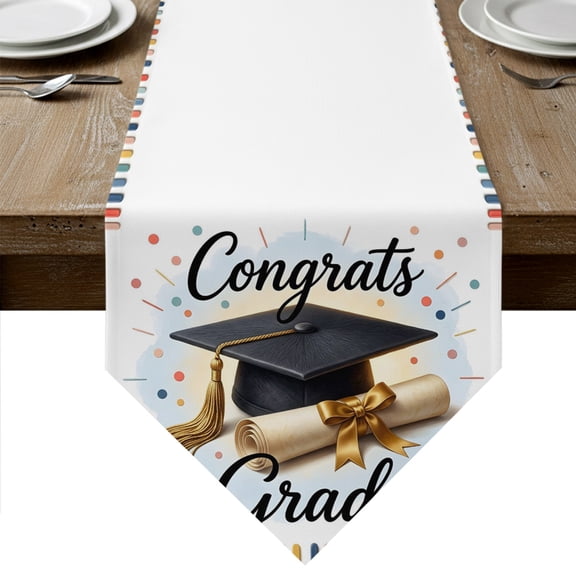 Congrats Grad Table Runner Linen Burlap Table Runner 36 Inches Small Graduation Hat Colored Confetti Celebration Dresser Scarves for Kitchen Island Coffee Dining Room Party Holiday Decor 13"x36"
