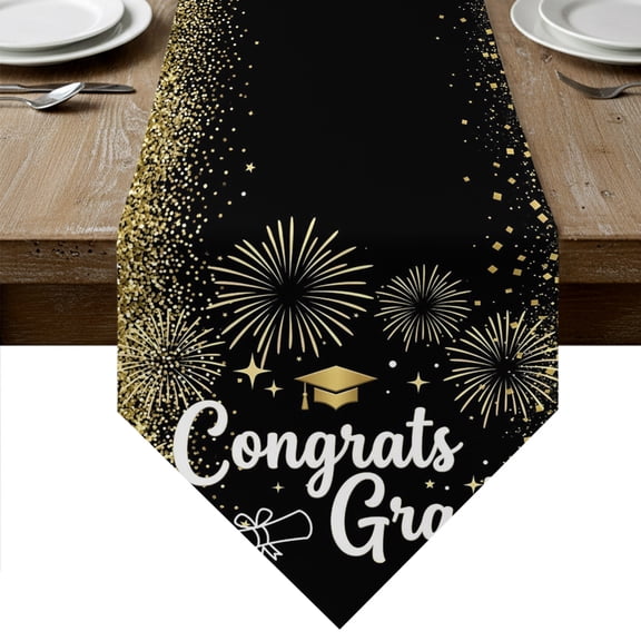 Congrats Grad Table Runner Linen Burlap Table Runner 36 Inches Small Graduation Hat Golden Sparkle Dots Firework Dresser Scarves for Kitchen Island Coffee Dining Room Party Holiday Decor 13"x36"