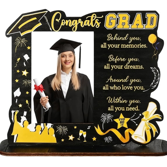 Congrats Grad Wooden Photo Frame, Inspirational Graduation Tabletop Decor with Motivational Quote, Class of 2026