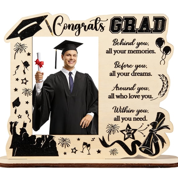Congrats Grad Wooden Photo Frame, Inspirational Graduation Tabletop Decor with Motivational Quote, Class of 2026