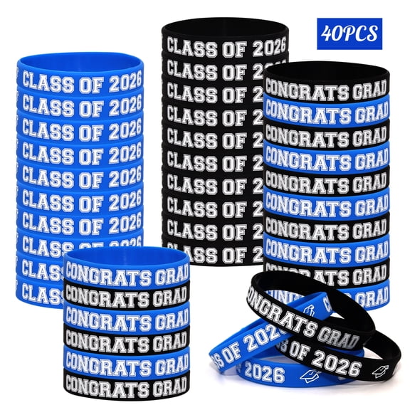 40 Pcs Congrats Grad Wristband Silicone Bracelets, Graduation Party Favors, Class of 2026 Silicone Wristbands, Gifts for Grads(Blue, Black)