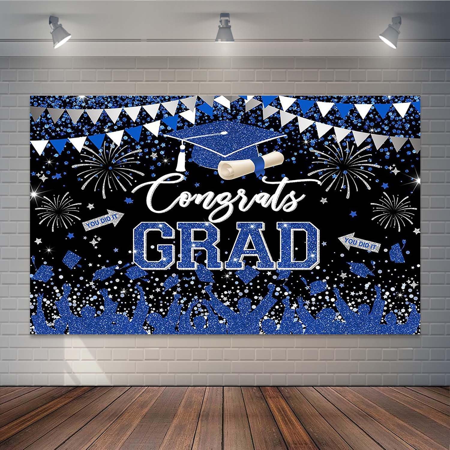 Congrats Graduation Backdrop Blue Silver Glitter Class Of 2024