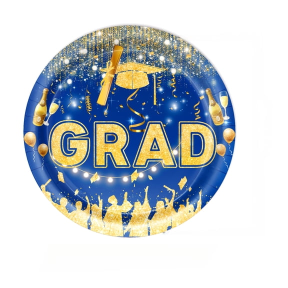 Congrats Graduation Blue & Gold Party Decor, 7 Inch 10-Pack Plates, Graduation Party Supplies For Graduates Celebrations