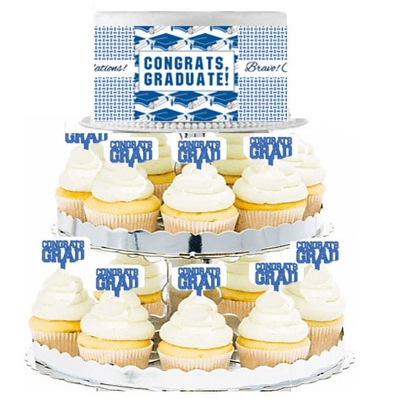 Congrats Graduation Edible Photo Toppers & Edible Cupcake Decoration Kit - Blue Deluxe