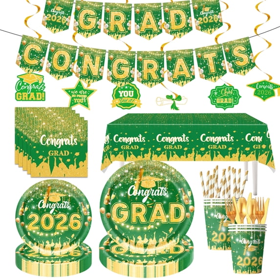 Congrats Graduation Party Supplies Set 7Inch 10+9Inch 10+Knife 10+Fork 10+Paper Straw 10+Paper Cup 10+Tissue 20+Tablecloth+Banner+Ceiling Hanging Decoration Kit For Green Gold