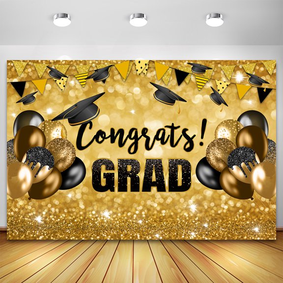 Congrats Graduation Photo Backdrop Black Gold Glitter Balloon Congrats Grad Prom Party r Class 2024 Photography Background