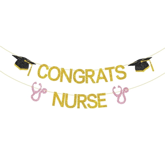 Congrats Nurse Banner, Future RN/BSN/LPN, Nursing School Survivor Graduation Party Decoration Supplies, Gold and Pink Glitter