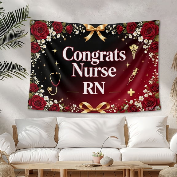Congrats Nurse Banner RN Graduation Party Decorations Nurse Graduation Class of Floral Black and Red Nursing School Graduation Party Decoration Banner Photo Booth Props 3.3*5FT