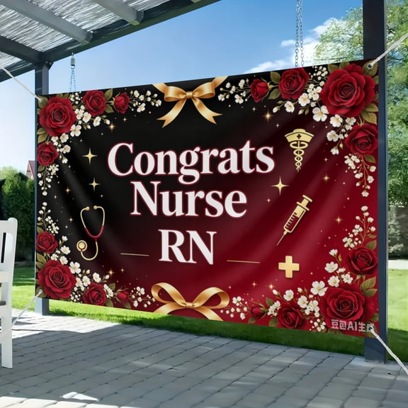 Congrats Nurse Banner RN Graduation Party Decorations Nurse Graduation Class of Floral Black and Red Nursing School Graduation Party Decoration Banner Photo Booth Props 51*59IN