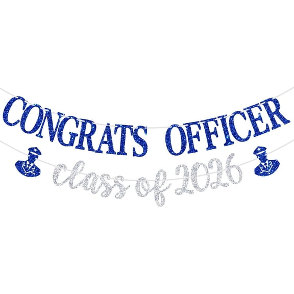 Congrats Officer Class of 2026 Glitter Banner, Blue Silver Glitter Police Graduation Party Decorations, Police Academy Grad Photo Booth Hanging Sign Supplies