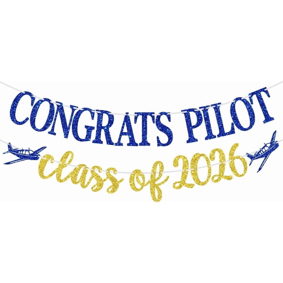 Congrats Pilot Banner, 2026 Aviation Academy Graduation Party Decorations, Future Pilot - Congrats USAF, 2026 Air Force Graduation Decoration Supplies Blue & Gold Glitter