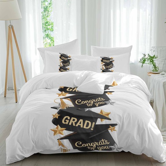 Congrats to You Twin Duvet Cover Set, GRAD Graduation Hat Three-Dimensional Stars 4 Piece Microfiber Bedding Set with Zipper Closure, Bed Sheet and 2 Pillow Shams, Soft Bedding Cover