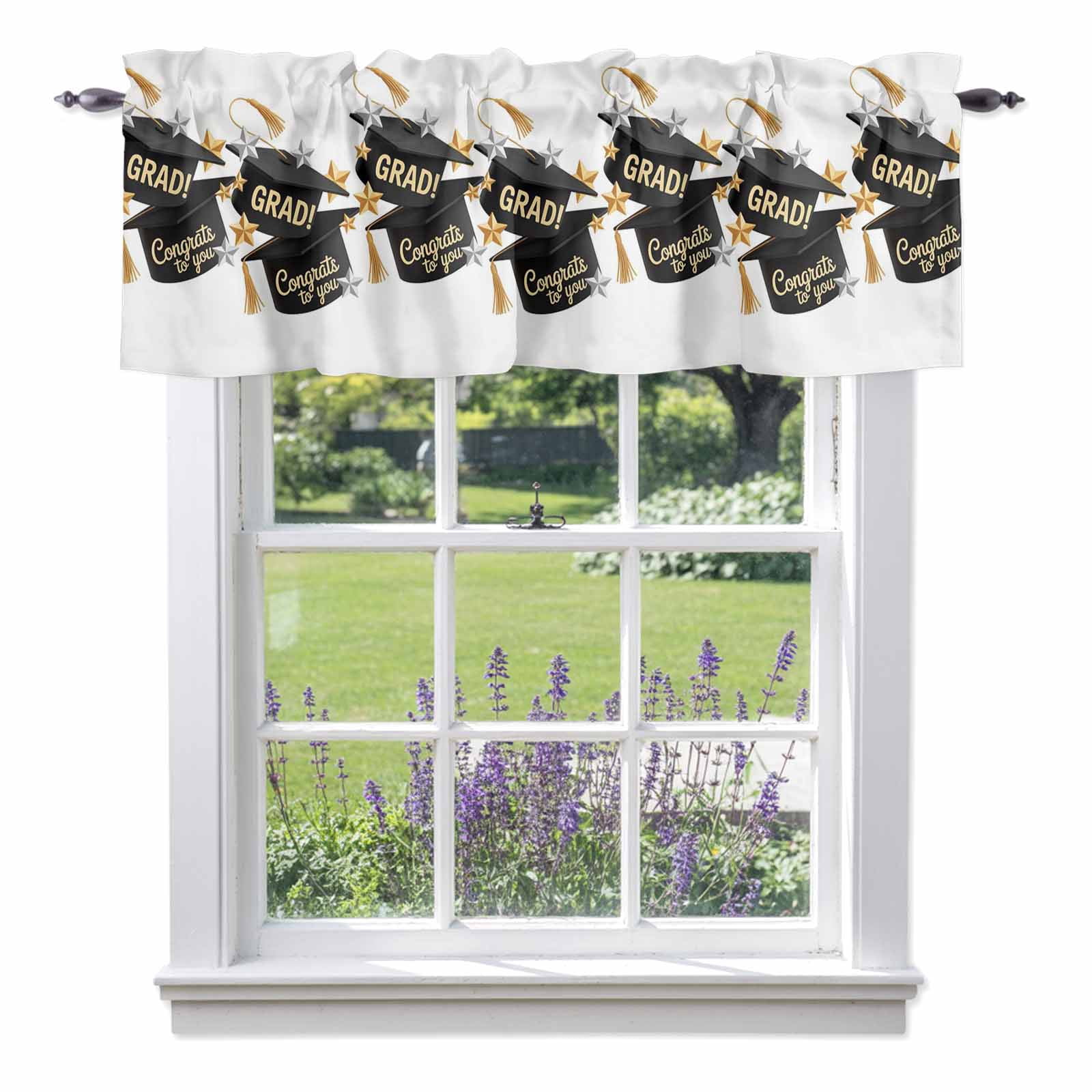 Congrats to You Valances for Windows GRAD Graduation Hat Three-Dimensional Stars Rod Pocket Cafe Window Treatments Valance Curtains for Kitchen Bathroom Laundry Basement Windows 60"x18"