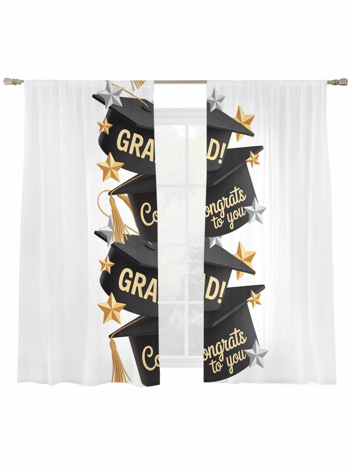 Grad Drapes Congrats to You Window Sheer Curtain GRAD Graduation Hat Three ...