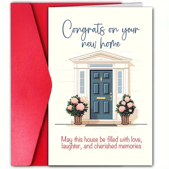 Congrats on Your New Home Card Beautiful Door Design with Red Envelope Inspirational Message for Housewarming and New Beginnings