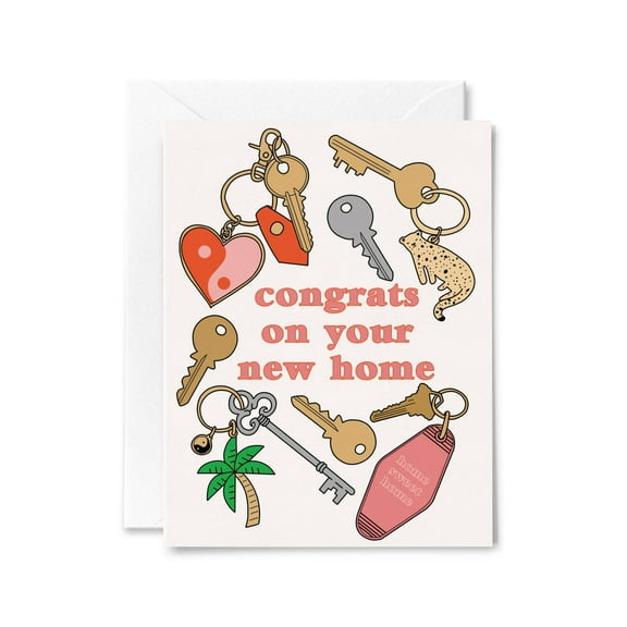 Congrats on Your New Home Card Cute Key Design with Illustrations Envelope Included, Blank Inside Perfect Gift for Housewarming Celebrations
