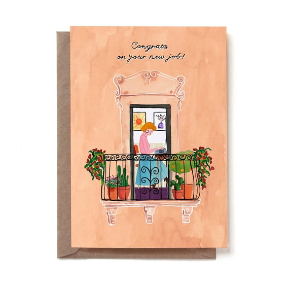Congrats on Your New Job Card Charming Balcony Scene Design Includes Envelope Perfect for Celebrating Job Success in Style