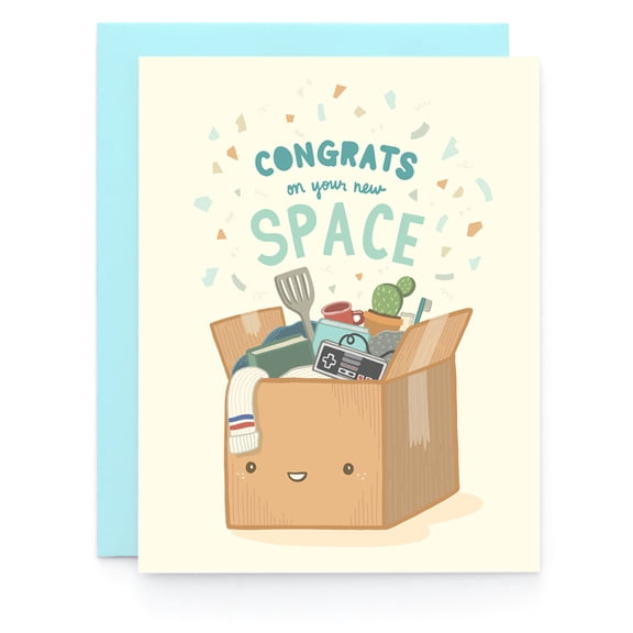 Congrats on Your New Space Card Fun Moving Greeting Card with Cute Box Illustration Blank Inside for Personal Messages Perfect for Housewarming