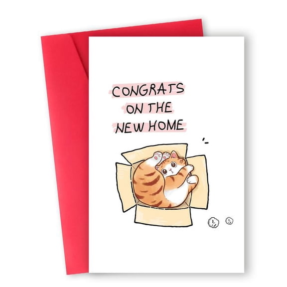 Congrats on the New Home Card Adorable Cat in a Box Illustration Blank Inside for Personal Messages Great Gift for Housewarming Celebrations